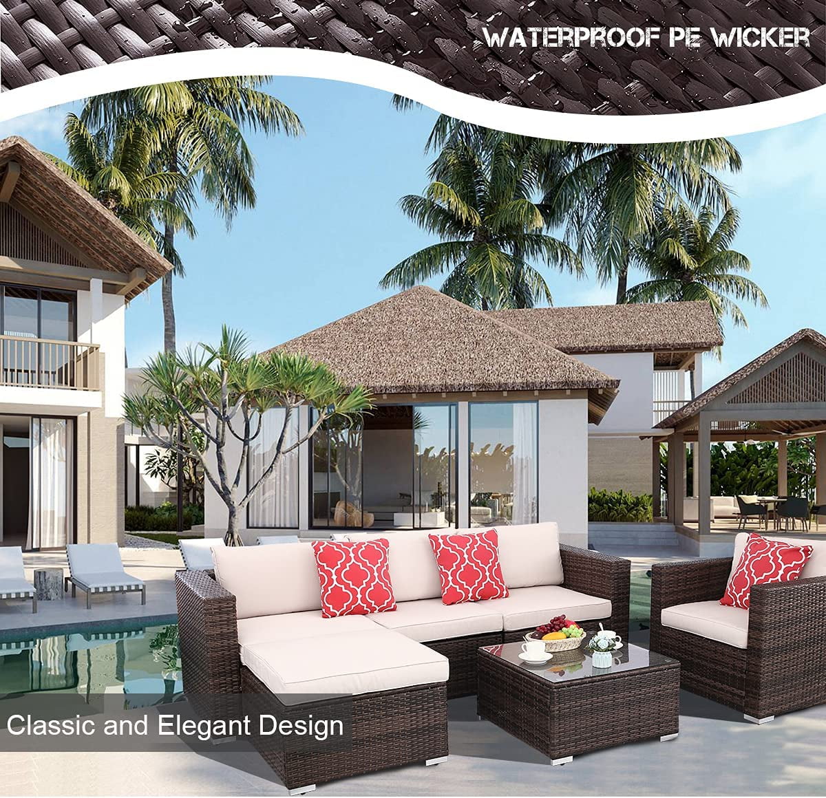 6pcs Gray Rattan Wicker Sectional Outdoor Sofa Set with Black Washable Seat Cushions & Glass Coffee Table J698