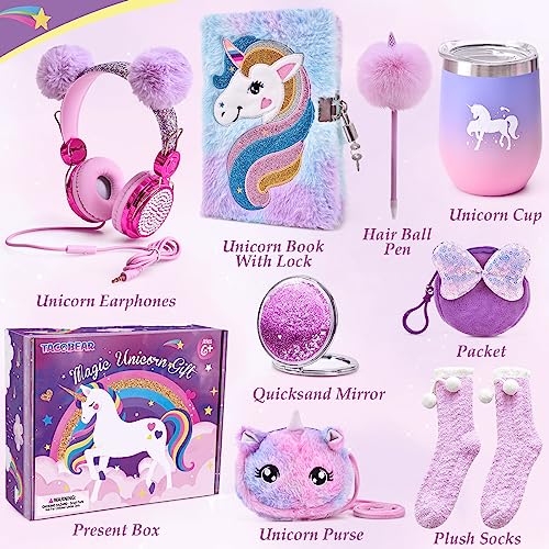Unicorn Toy with Wired Headphones Diary Water Bottle Plush Bag Purse Socks Mirror W49286