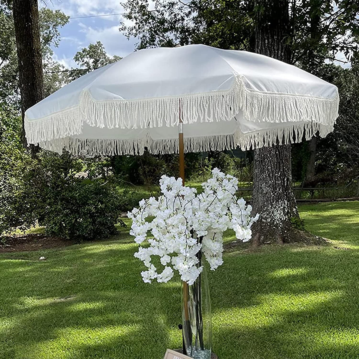 White Cream 7ft Patio Umbrella with Fringe O3468