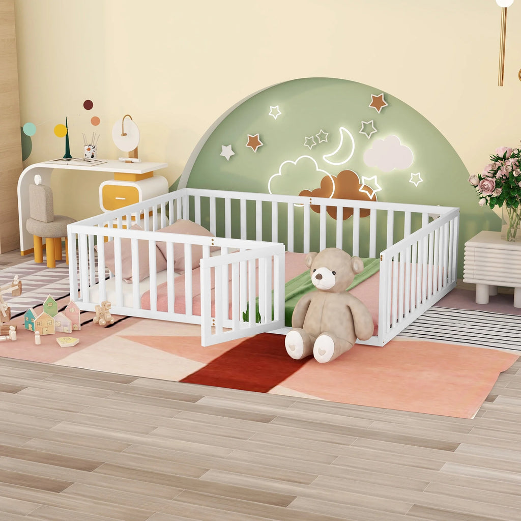 Twin Size Wood Floor Bed with Rails and Door S537