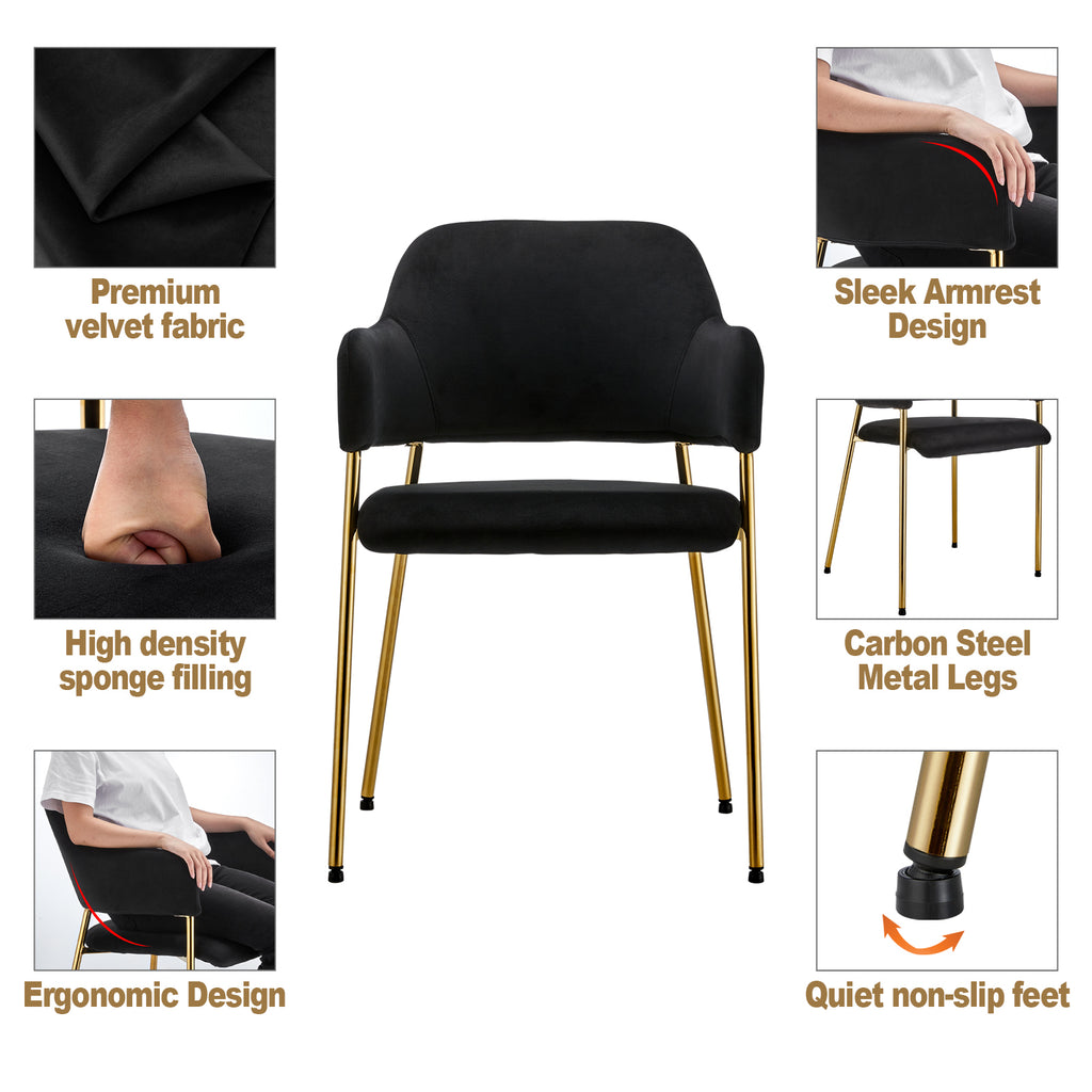 Black Velvet Dining Chairs Set of 2 with Armrest and Golden Chrome Legs C7826