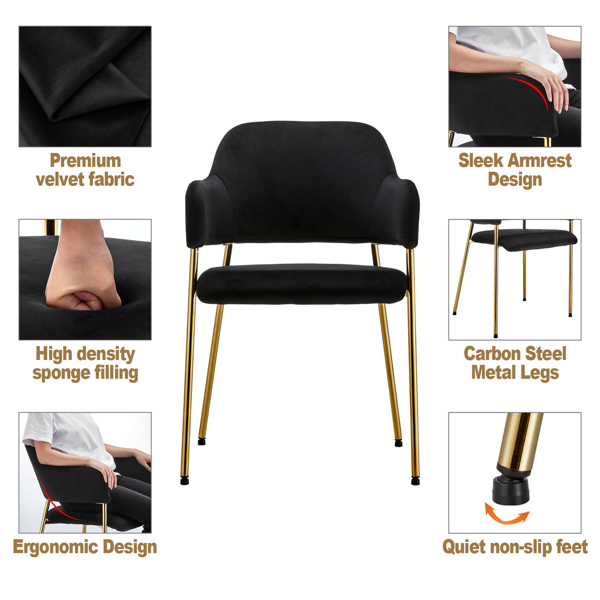 Black Velvet Dining Chairs Set of 2 with Armrest and Golden Chrome Legs C7826