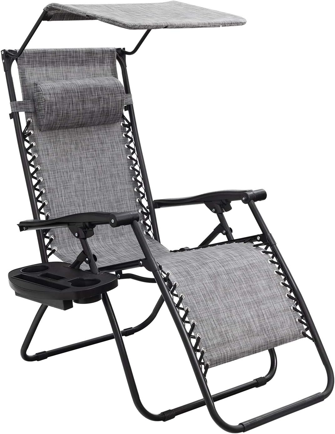 Grey Folding Recliner Chair with Canopy Shade and Cup Holder V85632