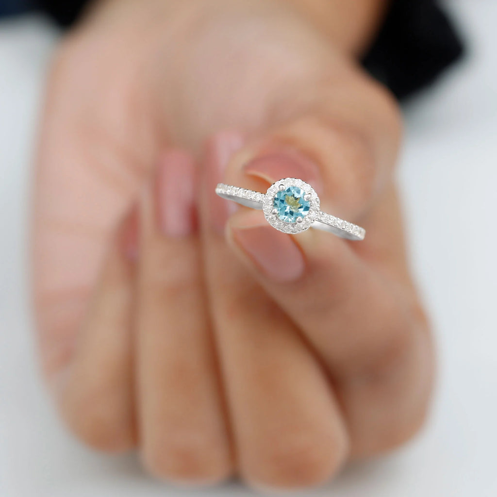 10K White Gold Aquamarine Ring with Diamond Halo H34056