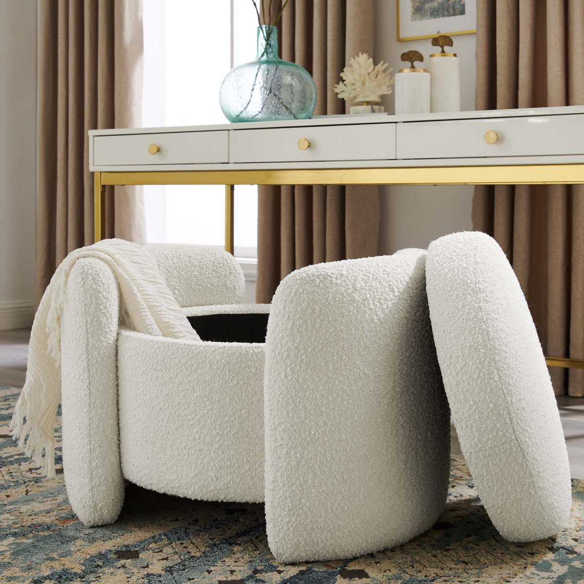 Ivory White Fabric Ottoman Accent Chair K884