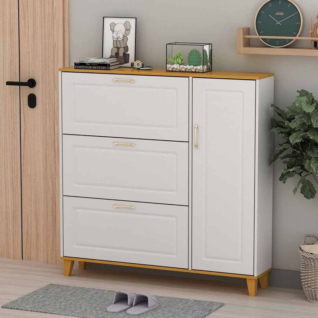 White-Walnut 3 Compartment Shoe Storage Cabinet with Locker F39692