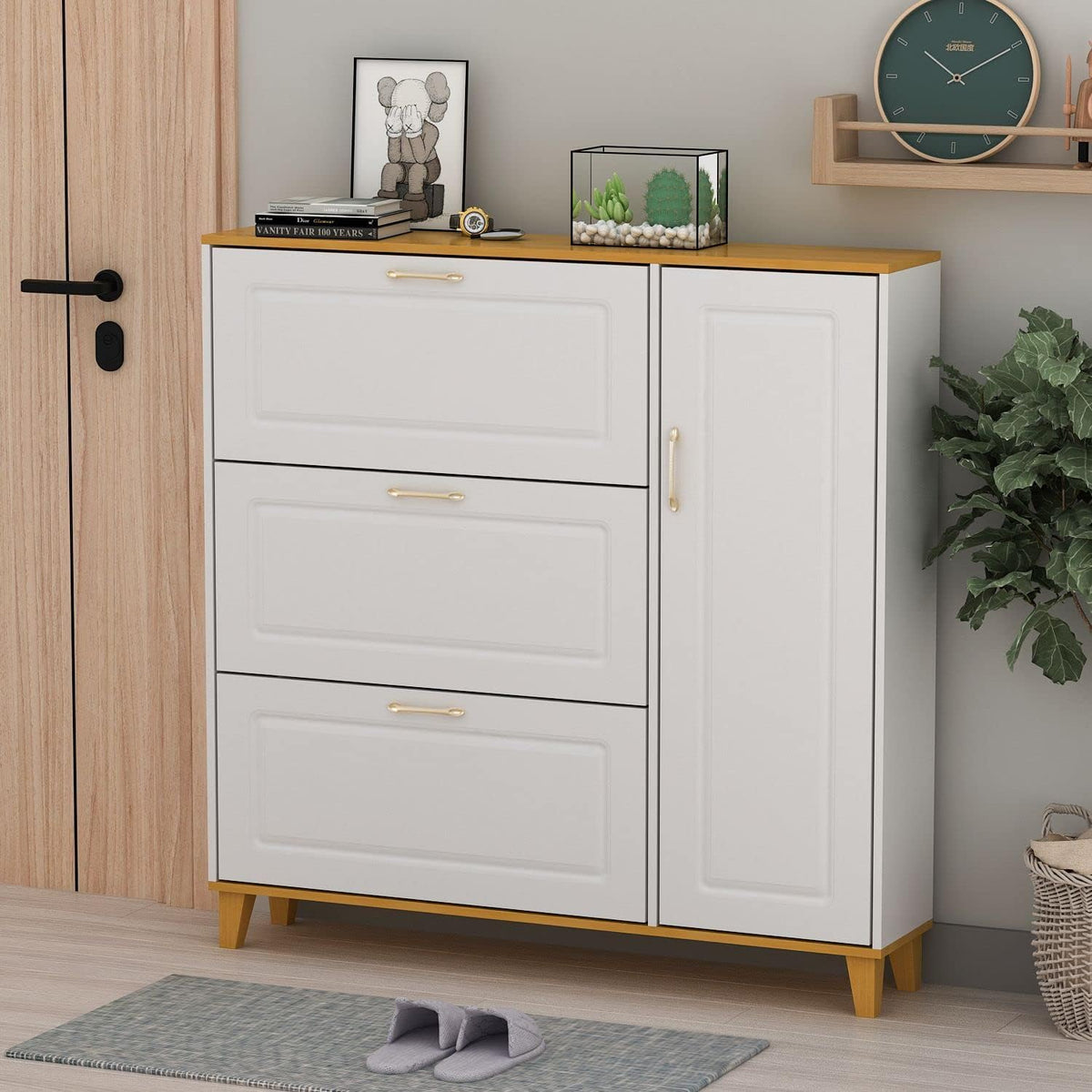 White-Walnut 3 Compartment Shoe Storage Cabinet with Locker F39692