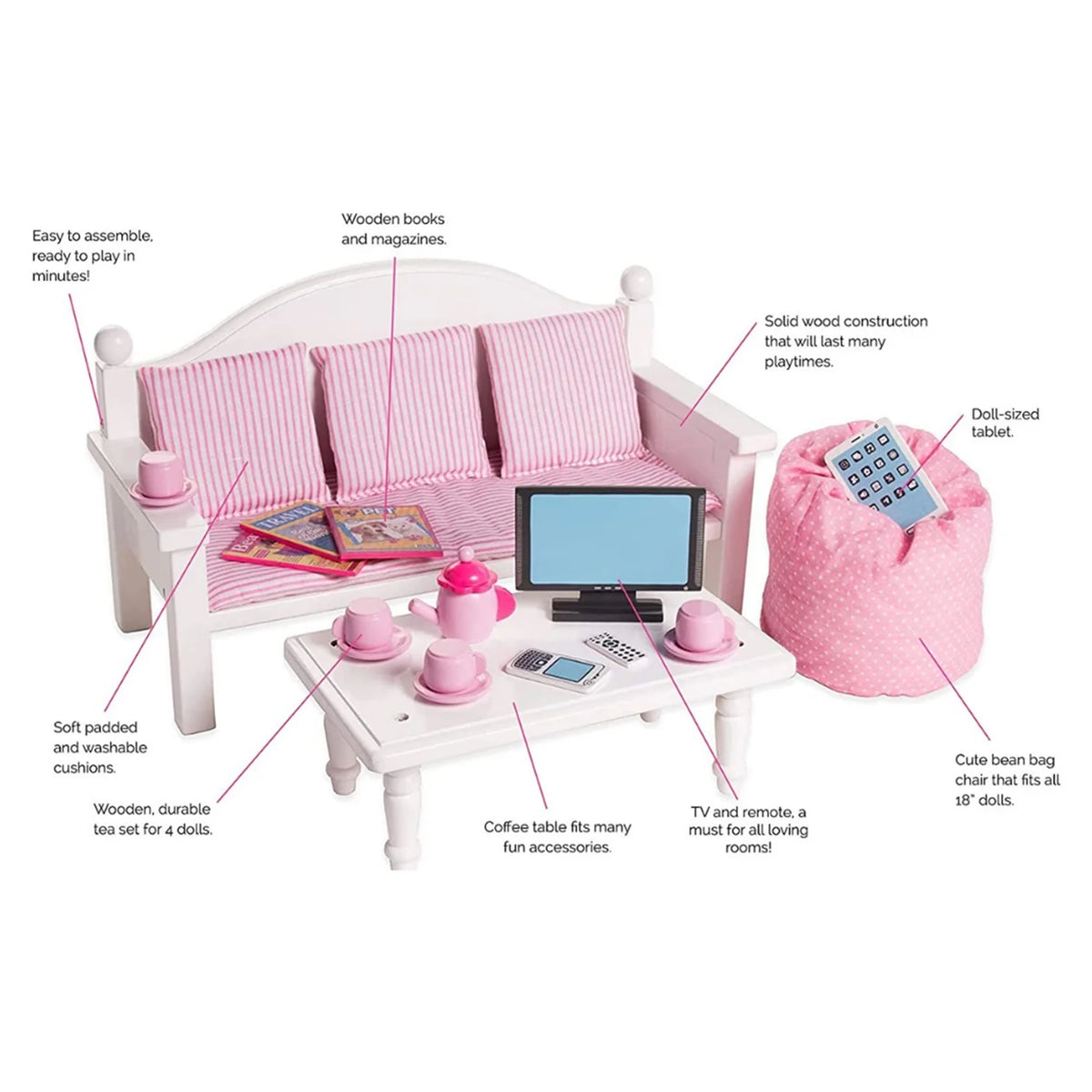 18" Dolls Wood Sofa & Coffee Table with Accessories E900171