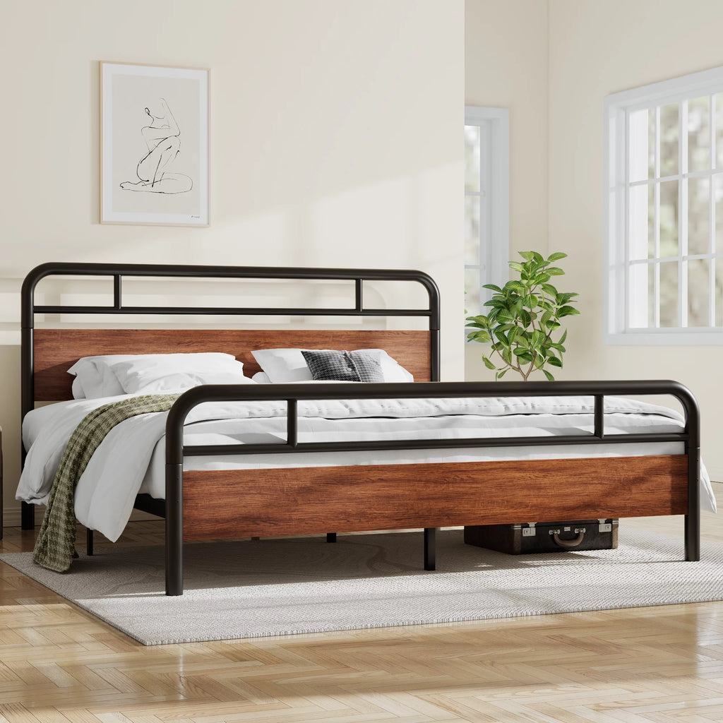 Light Brown King Size Metal Platform Bed Frame with Headboard N7065