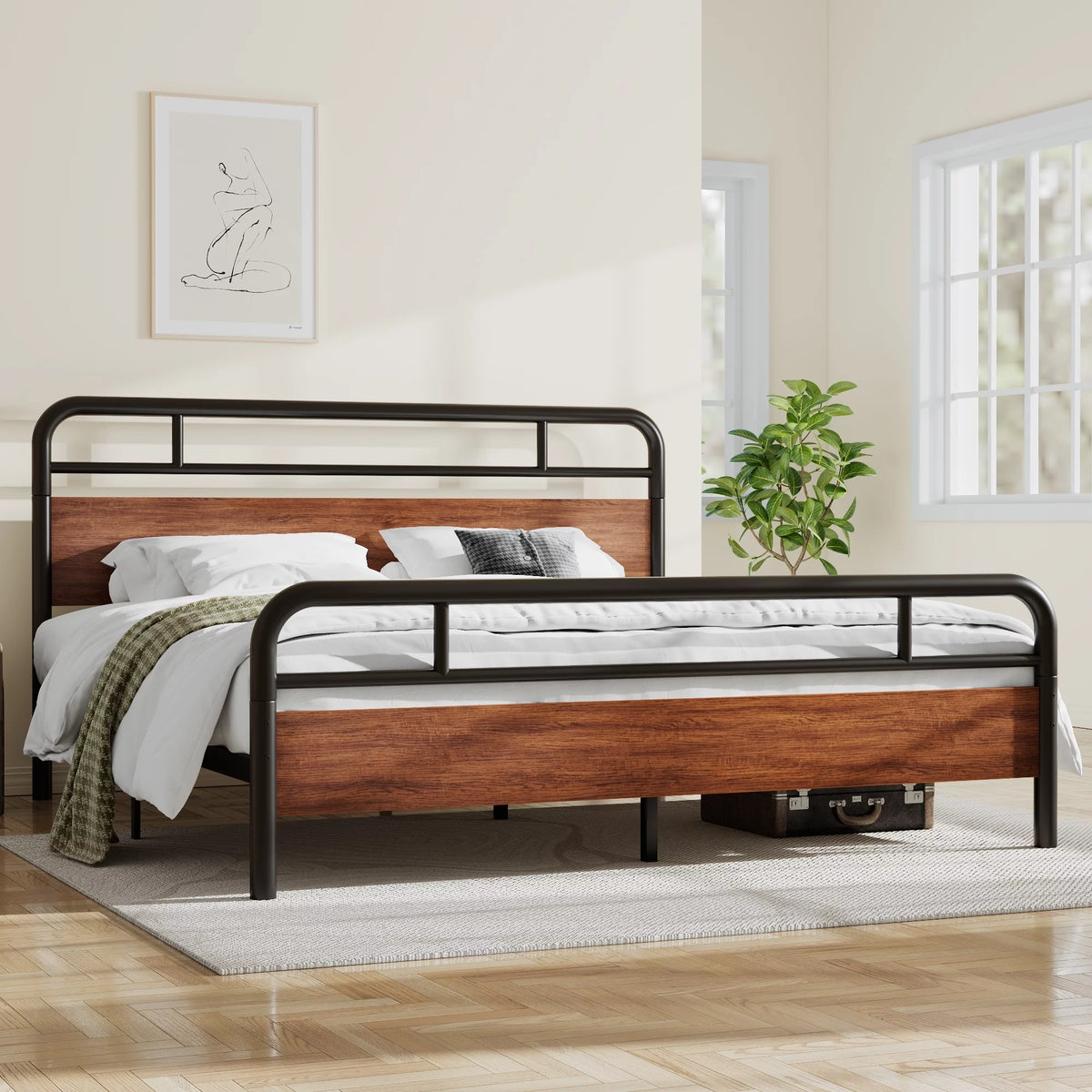 Light Brown King Size Metal Platform Bed Frame with Headboard N7065