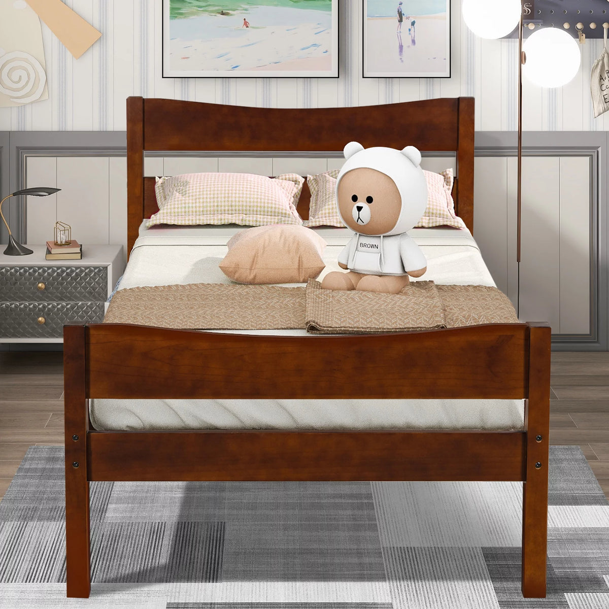 White Twin Size Solid Wood Platform Bed Frame with Headboard and Footboard G524867
