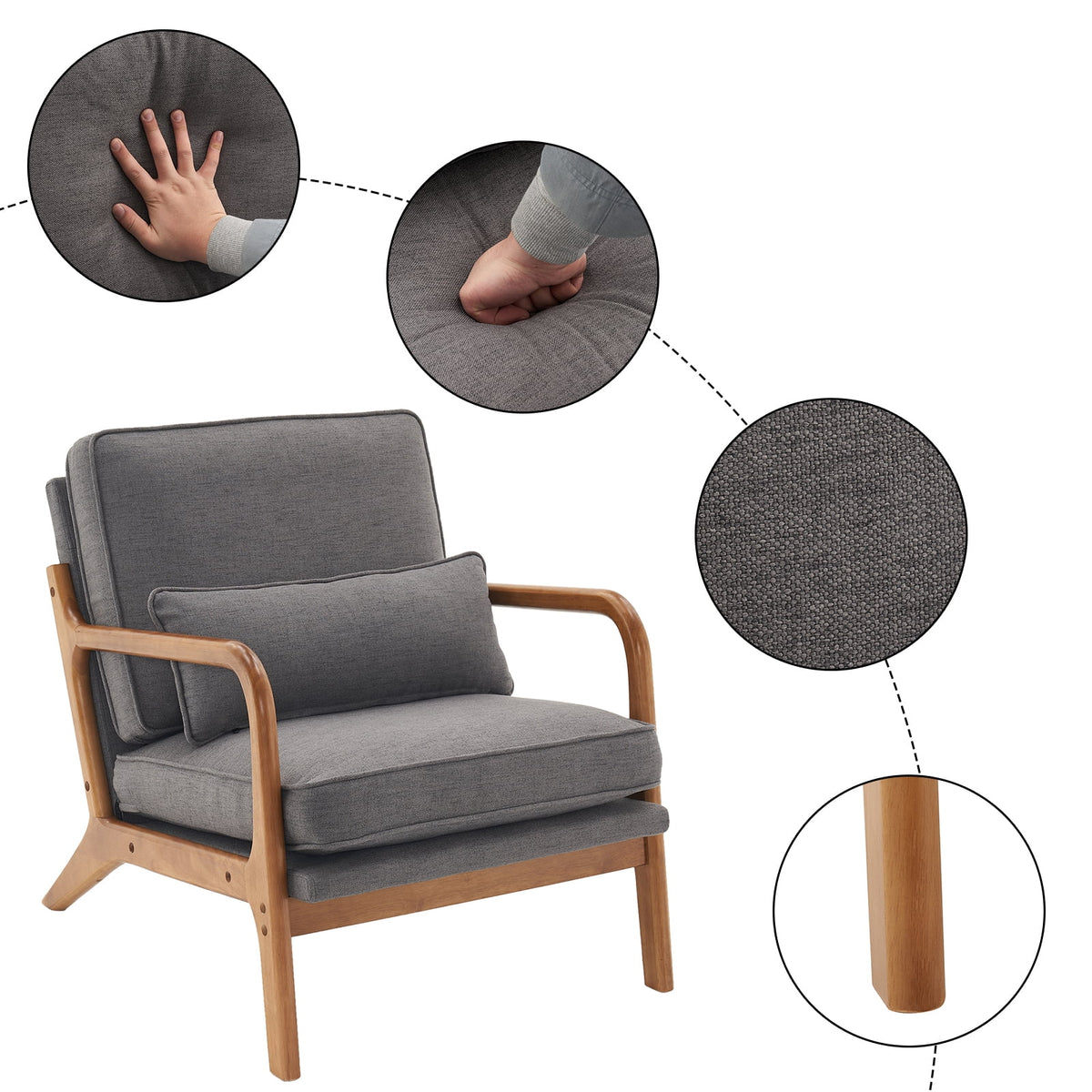 Fabric Single Sofa with Wood Legs (Gray) L7932