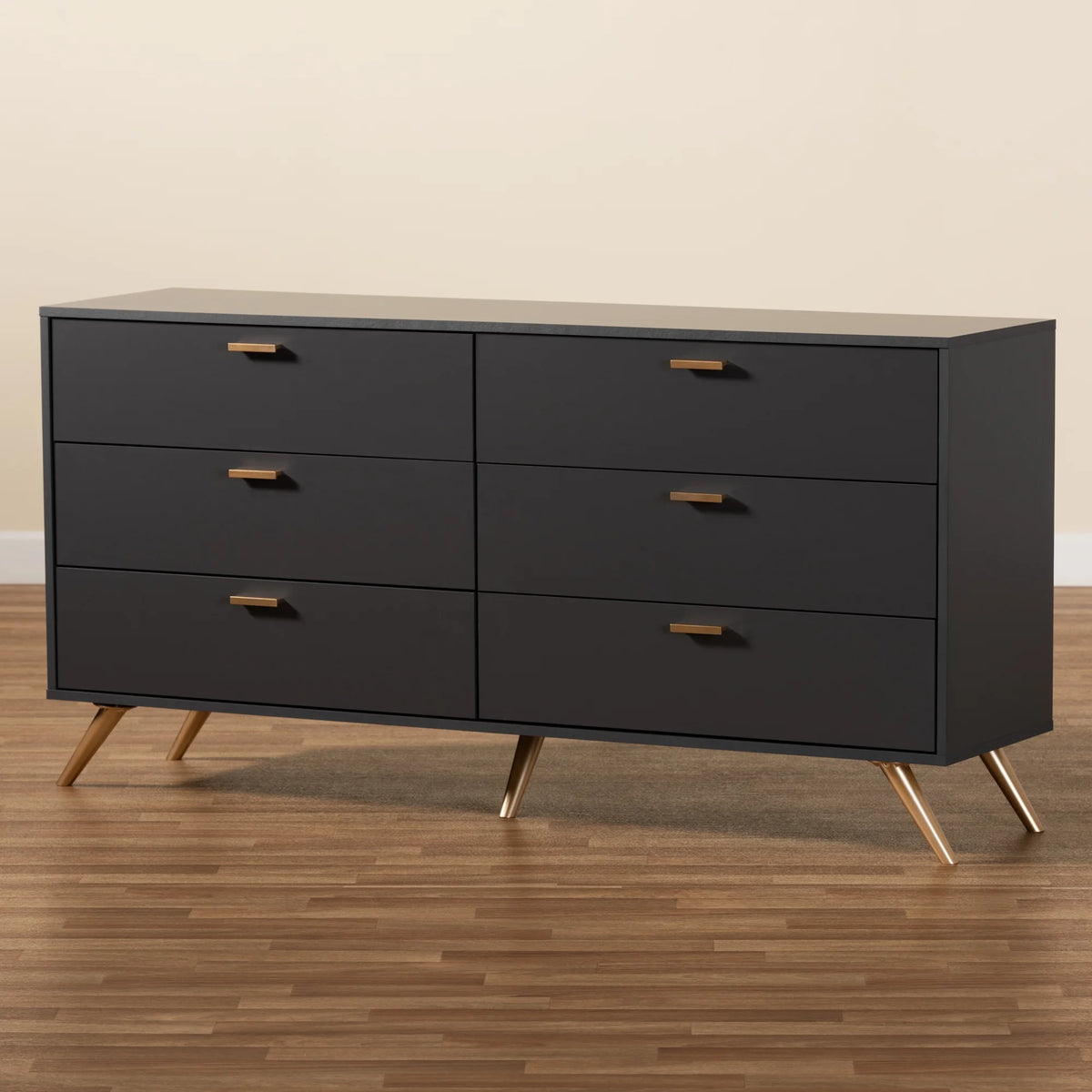 Dark Grey Gold Wood 6-Drawer Dresser V1097