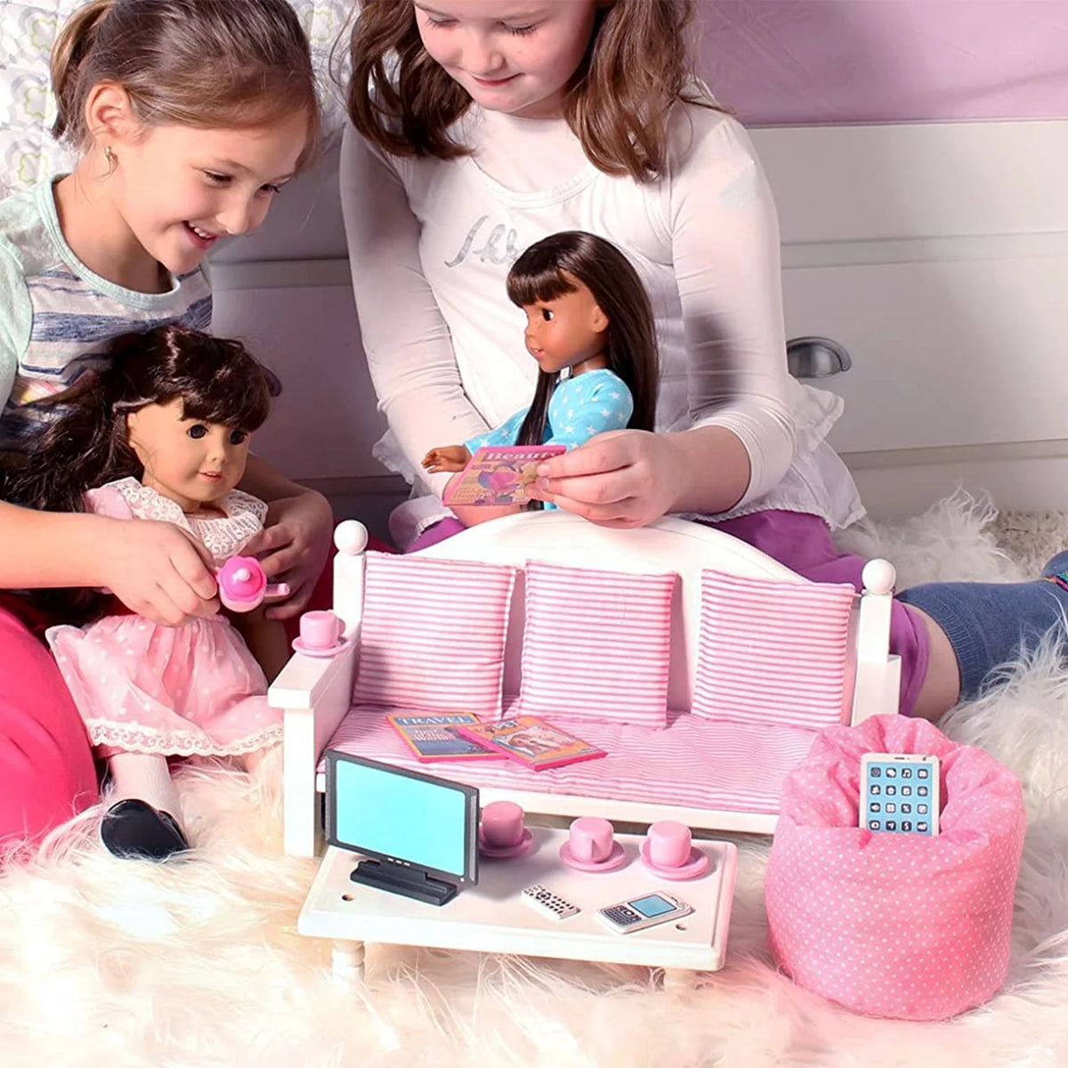 18" Dolls Wood Sofa & Coffee Table with Accessories E900171