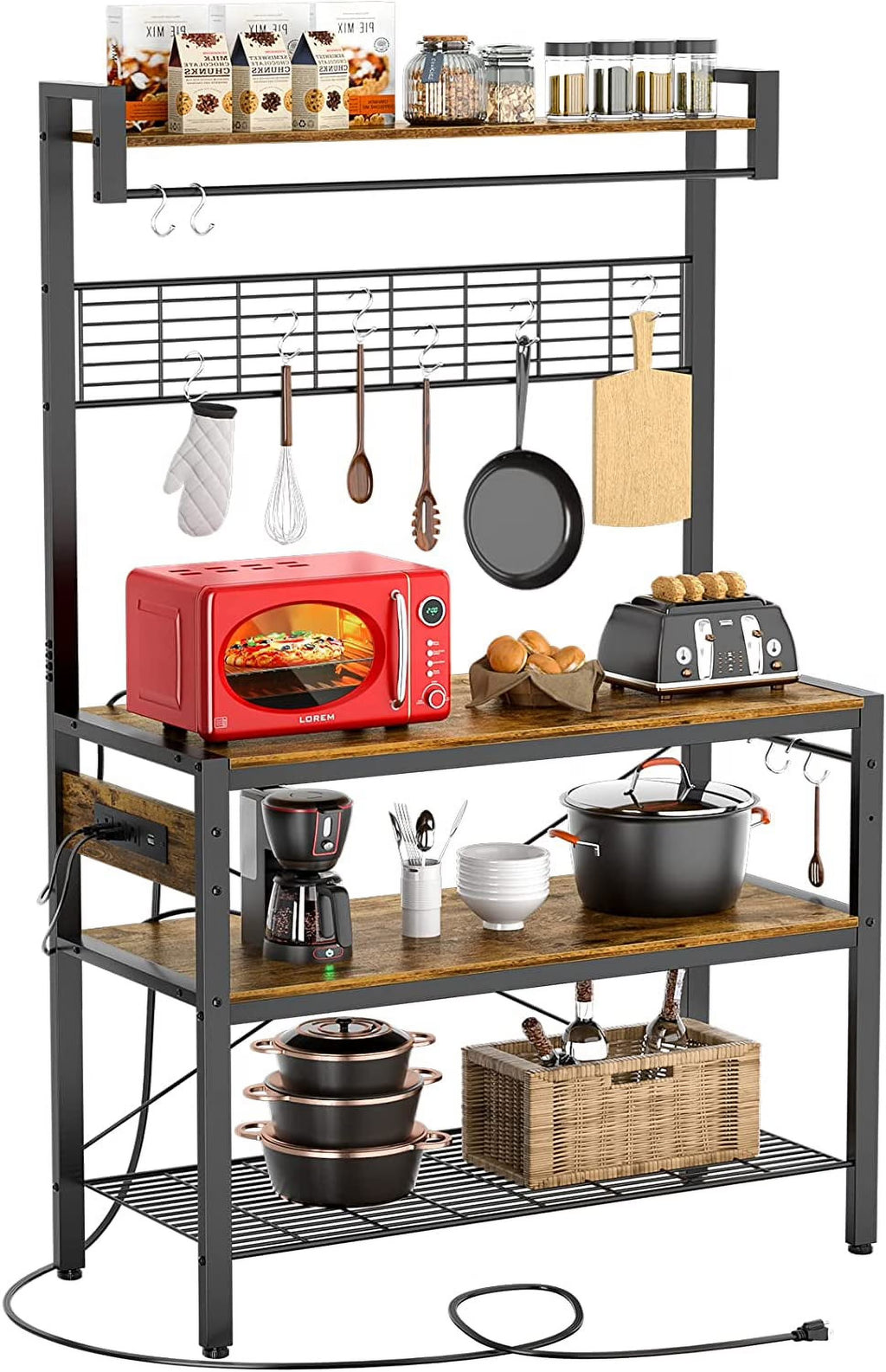 Rustic Brown 4-Tier Microwave Oven Stand with Hutch L73382