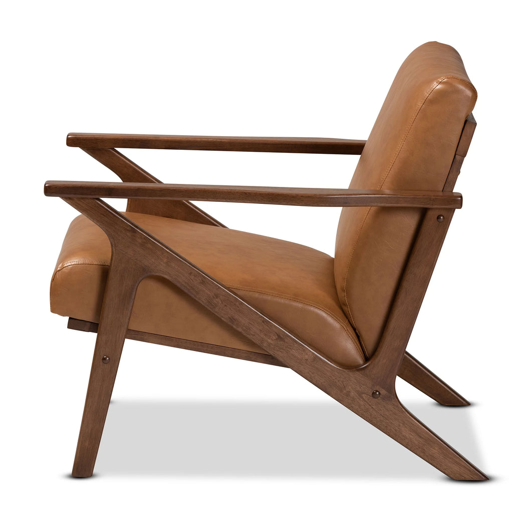 Walnut Brown Wood and Tan Faux Leather Lounge Chair W28394