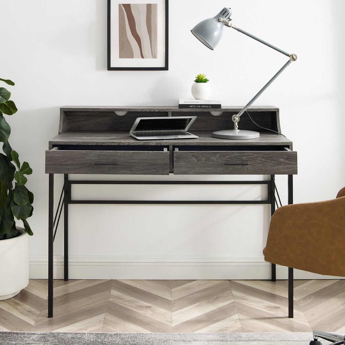 2-Drawer Desk and Hutch - Cerused Ash U66611