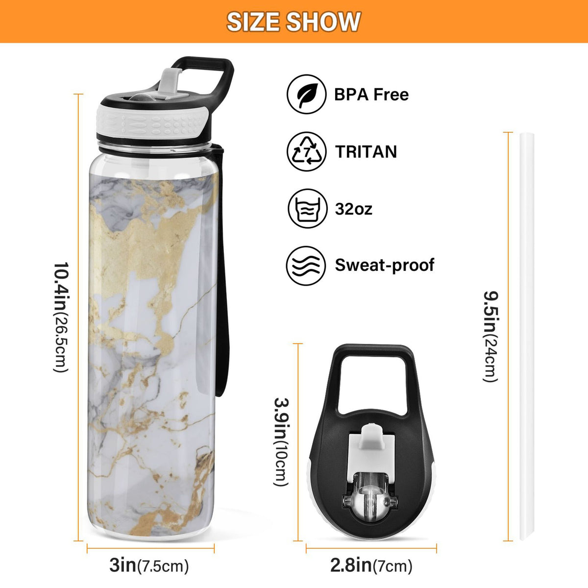White and Black Golden Marble 32oz Tritan Leakproof Water Bottle with Straw U6090